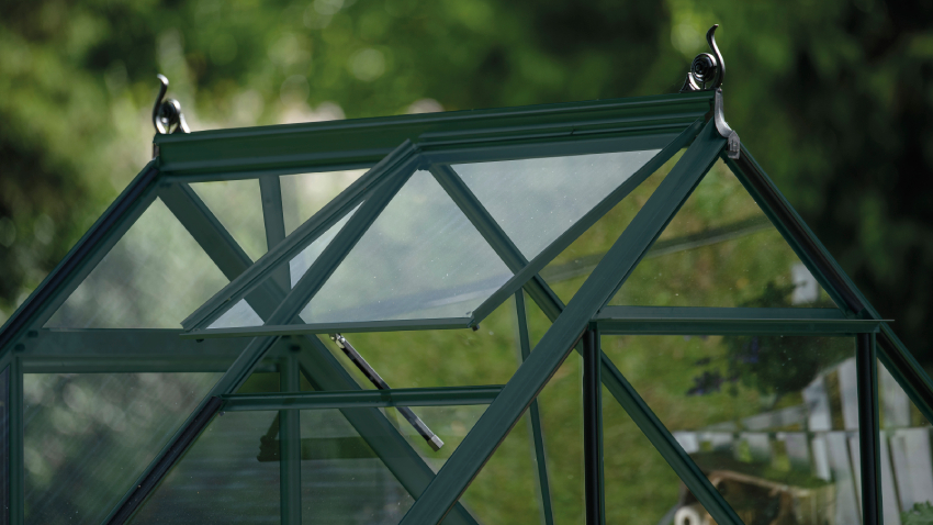 Close-up of a Halls ICON 6 6×4 Greenhouse, with black roof cresting, horticultural glass and a powder-coated green aluminium frame.