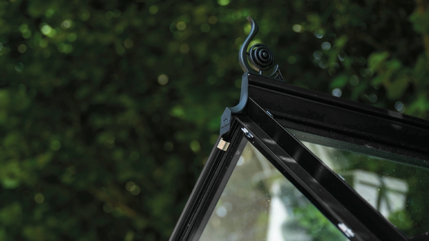 Close-up of a Halls ICON 6 6x4 Greenhouse, with black roof cresting, toughened glass and a powder-coated black aluminium frame.