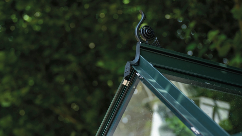 Close-up of a Halls ICON 6 6x8 Greenhouse, with black roof cresting, horticultural glass and a powder-coated green aluminium frame.