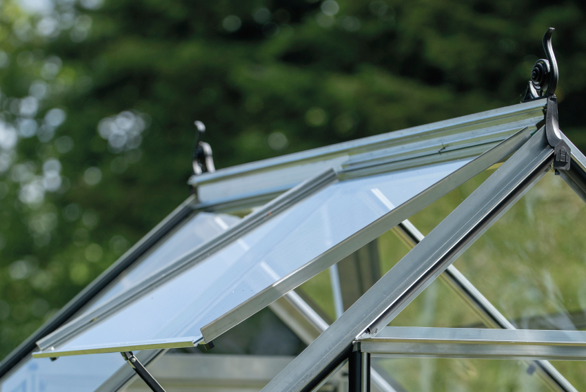 Close-up of the roof cresting on the Halls ICON 6 6x4 greenhouse with horticultural glass
