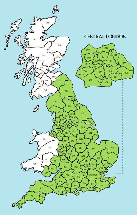 UK postcode map showing greenhouse installation coverage, with eligible areas highlighted in green and excluded areas shown in white, including a detailed inset of Central London.