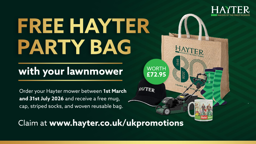 Hayter lawnmower promotion banner offering a free Hayter party bag worth £72.95, including a woven bag, cap, striped socks and mug, available with selected Hayter mowers purchased between 1 March and 31 July 2026.