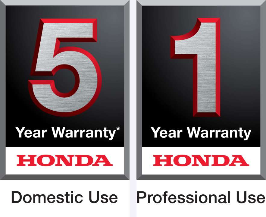 Honda HRG 466 XB warranty graphic showing 5-year domestic use cover and 1-year professional use cover, terms apply.