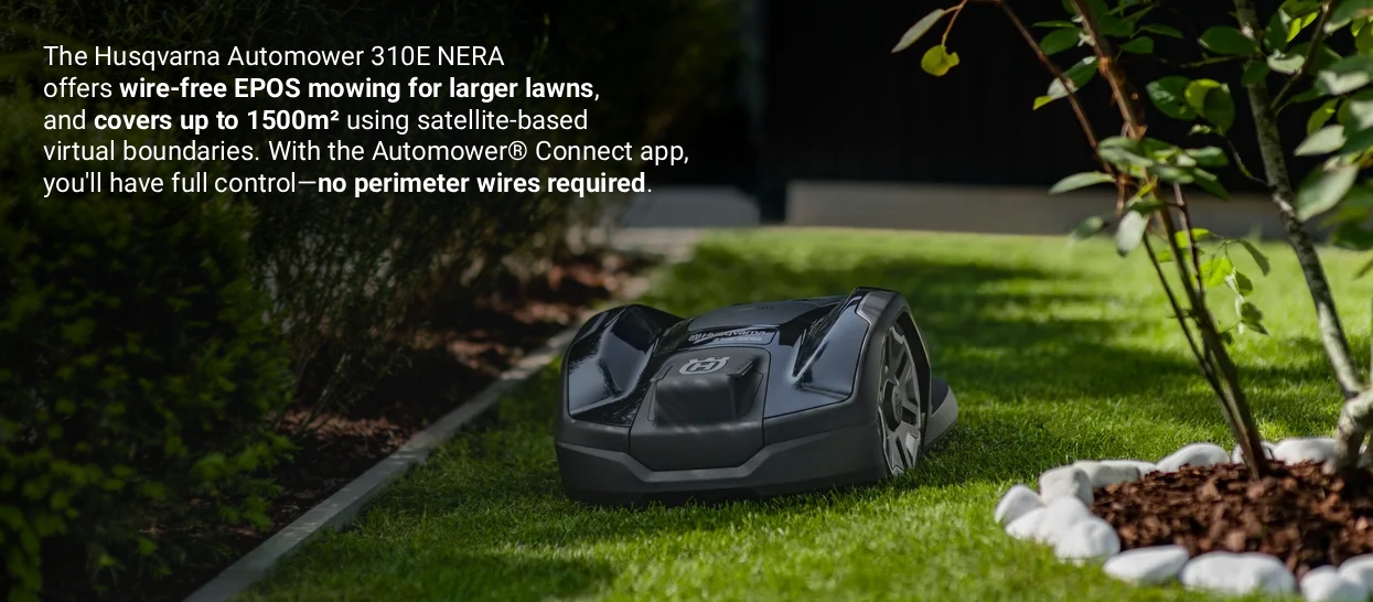 The Husqvarna Automower 310E NERA offers wire-free EPOS mowing for larger lawns, and covers up to 1500m² using satellite-based virtual boundaries. With the Automower® Connect app, you'll have full control—no perimeter wires required.