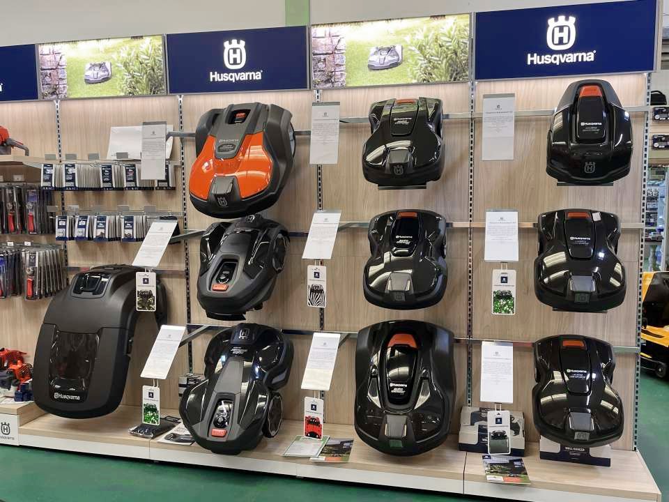 Husqvarna automower display stand in the machinery centre showroom at Steam and Moorland Garden Centre, Pickering