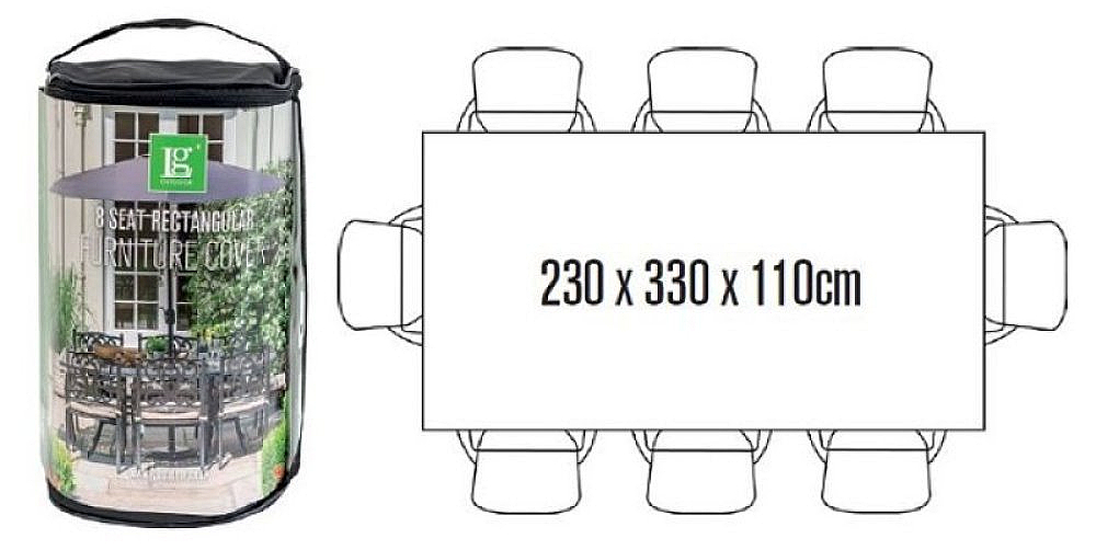 LeisureGrow Deluxe Cover for 8 seat rectangular garden dining set, showing overall coverage dimensions and fit across table and chairs.