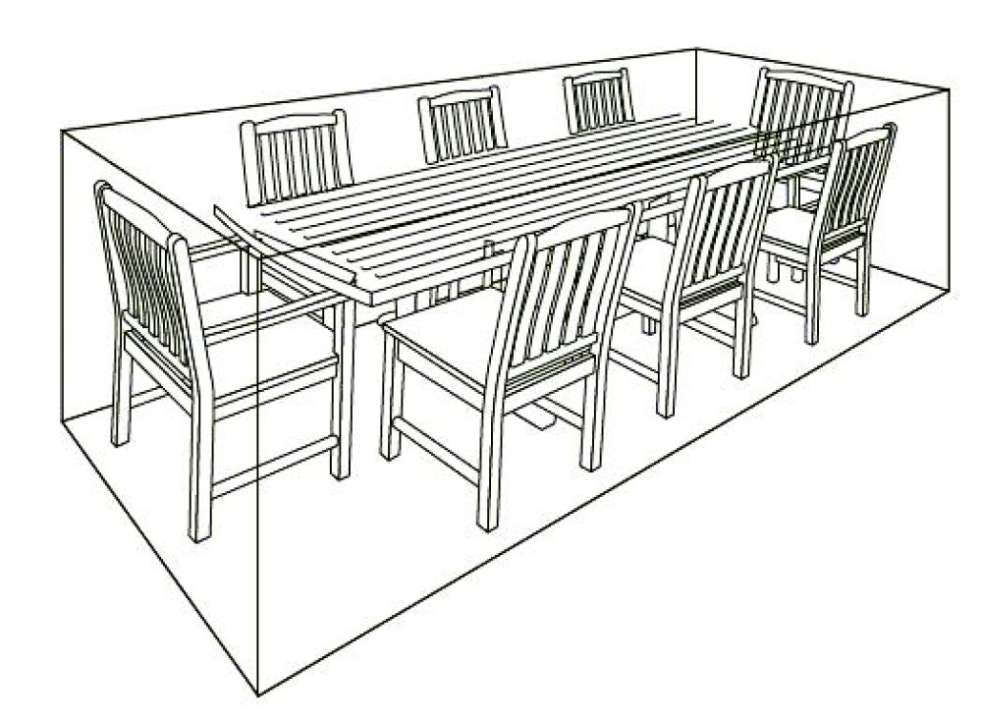 Diagram illustrating how the LeisureGrow Deluxe 8 seat rectangular dining set cover fully encloses the table and chairs for weather protection.