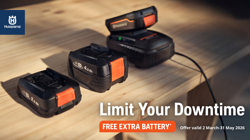 Husqvarna battery charging on a bench with text “Limit Your Downtime – Free Extra Battery”. Offer valid 2 March to 31 May 2026. Applies to this Husqvarna kit and includes one additional battery.