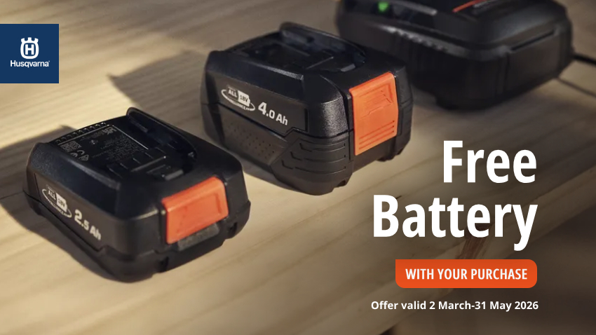 Limit Your Downtime – Free Battery With Your Purchase” with batteries displayed on a wooden bench. Offer valid 2 March to 31 May 2026. Applies to this unit-only Husqvarna product.