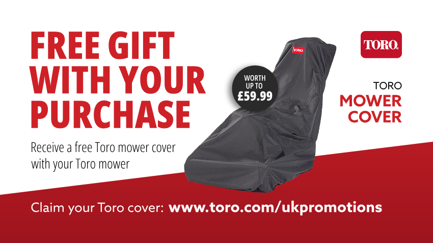 Toro promotion banner offering a free Toro mower cover worth up to £59.99 with selected Toro lawnmowers, claimable via toro.com/ukpromotions