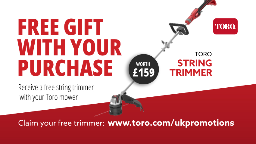 Toro promotion banner offering a free Toro string trimmer worth £159 with selected Toro lawnmowers, with gift claimed at toro.com/ukpromotions.