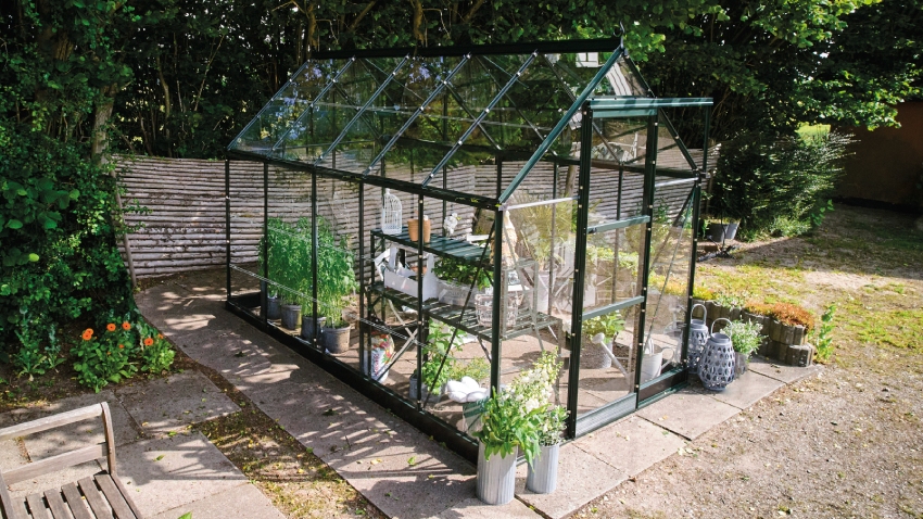 Wide-angled image of the Halls ICON 6 6x10 Greenhouse, with horticultural glass and a powder-coated green aluminium frame.