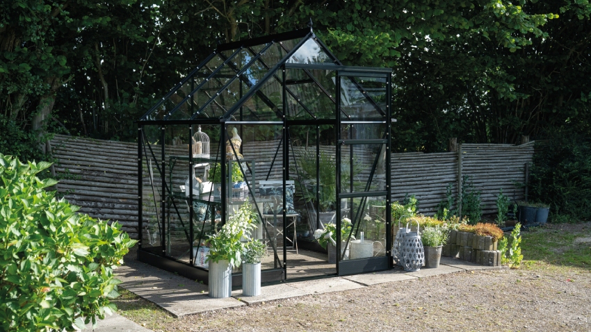 Wide-angled image of the Halls ICON 6 6x4 Greenhouse, with toughened glass and a powder-coated black aluminium frame.
