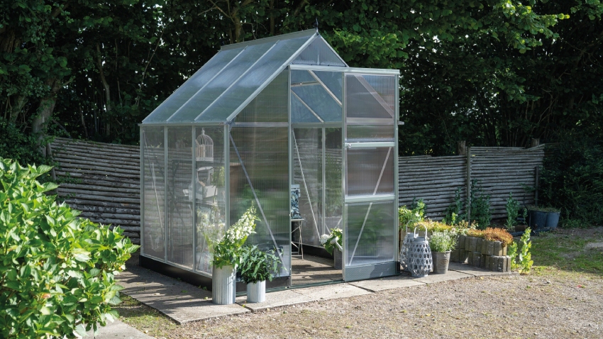 Wide-angled image of the Halls ICON 6 6x6 Greenhouse, with polycarbonate glazing and a natural mill aluminium frame.