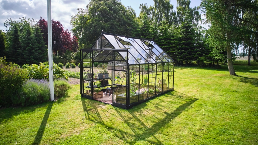 Wide-angled image of the Halls ICON 8 8x12 Greenhouse, with toughened glass and a powder-coated black aluminium frame.