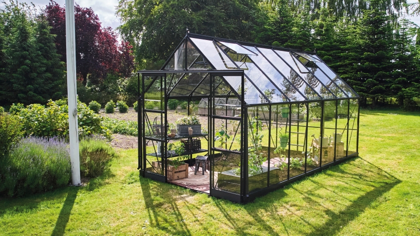 Wide-angled image of the Halls ICON 8 8x14 Greenhouse, with toughened glass and a powder-coated black aluminium frame.