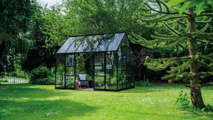 Wide-angled image of the Halls ICON Planthouse 8 8x12, with toughened glass and a powder-coated black aluminium frame.