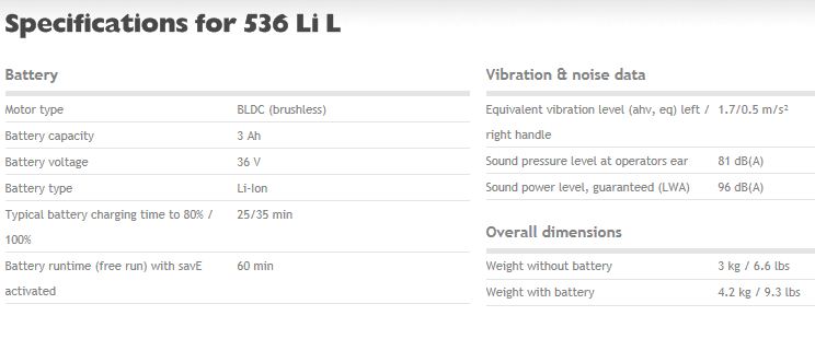 Husky 536LiL Specifications