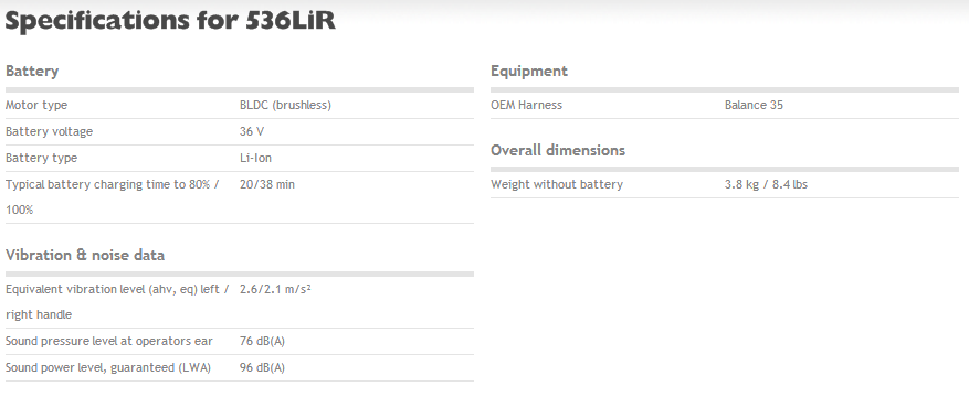 Husky 536LiR Specifications