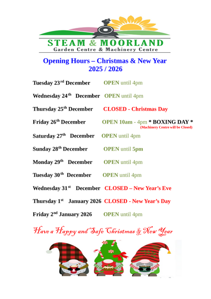 Christmas & New Year Opening Hours 2025/2026
