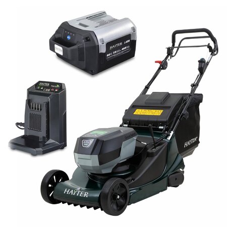 Hayter Harrier 48 VS cordless rear roller lawnmower kit with 107A 60V battery and 120A charger, featuring variable speed drive, grass collection and stripe-producing rear roller.