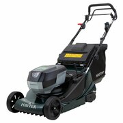 Hayter Harrier 48 VS cordless rear roller lawnmower with variable speed self-propelled drive, grass collector and 48cm cutting deck for creating a traditional striped lawn.