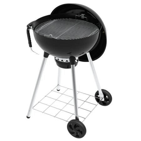 Broil King Crown 47cm charcoal kettle BBQ with lid open showing stainless steel cooking grid and charcoal basket