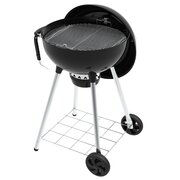 Broil King Crown 47cm charcoal kettle BBQ with lid open showing stainless steel cooking grid and charcoal basket