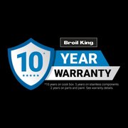 Broil King 10 year warranty badge showing coverage on cook box, stainless components and parts