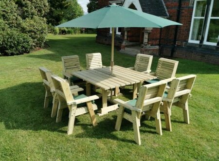 Churnet Valley Ergo Square Table Set that sits 8 in a garden setting - full image