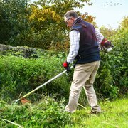 Cobra BC260C 26cc petrol brushcutter with loop handle cutting thick grass and weeds in a garden setting.