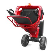 Rear angled view of the Cobra CHIP700L 4-inch towable petrol wood chipper, showing the wide feed hopper and safety bar.