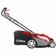 Side view of Cobra GTRM34 13 inch 1300W electric lawnmower with rear roller and grass collection bag on white background.