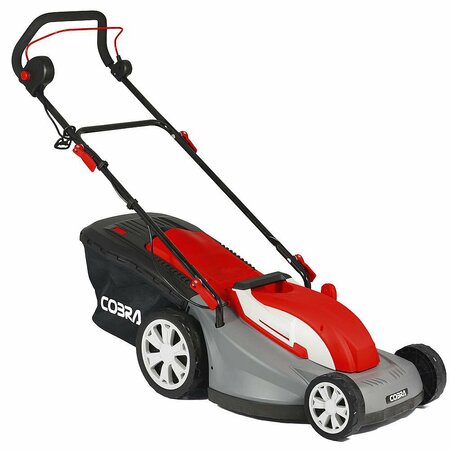 Cobra GTRM40 16 inch electric lawnmower with rear roller and grass bag on white background.