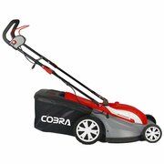 Side view of Cobra GTRM40 16 inch electric lawnmower with rear roller and grass collection bag on white background.