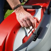 Close-up of cutting height adjustment lever on Cobra GTRM40 16 inch electric lawnmower.