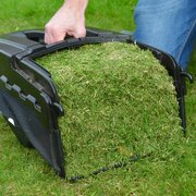 Cobra GTRM40 16 inch electric lawnmower with rear roller showing full grass collection bag filled with clippings.