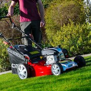 Cobra M46SPCVX 46cm self propelled petrol lawnmower cutting grass in a domestic garden with grass collection bag attached.