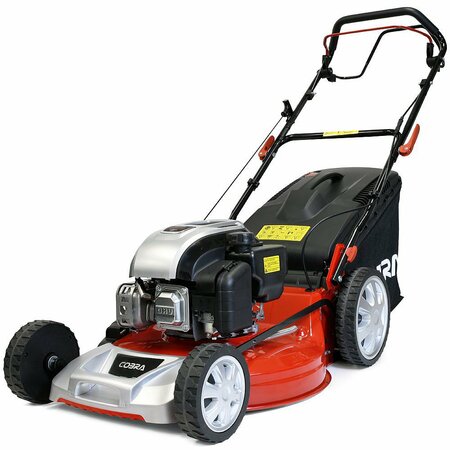Cobra M51SPCVX 149cc 20 inch mulching self propelled petrol lawnmower with grass collection bag on white background.