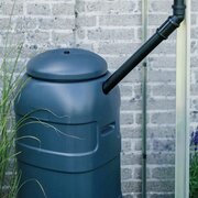 Halls 100L Mini Rainsaver water butt connected to a greenhouse downpipe for rainwater collection.