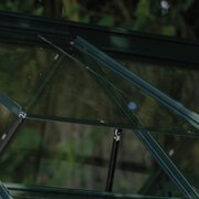 Halls Icon 6 6x8 greenhouse in black with roof vent open, showing toughened glass panels and ventilated roof design