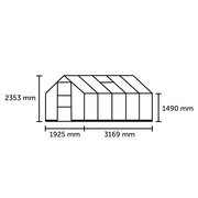 Halls ICON 6 6x10 greenhouse dimensions diagram showing ridge height of 2353 millimetres, eaves height of 1490 millimetres, depth of 1925 millimetres and length of 3169 millimetres.