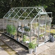 Halls ICON 6 6x10 toughened glass greenhouse with a natural mill-finish aluminium frame