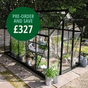 Halls Icon 6 6x8 greenhouse in black with toughened glass, shown as a freestanding garden greenhouse. Pre-order and save £327.
