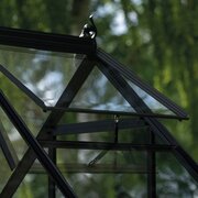 Halls Icon 6 6x10 greenhouse in black with roof vent open, showing toughened glass panels and ventilated roof design.