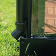 Halls Icon downpipe kit fitted to greenhouse gutter, showing rainwater drainage outlet detail