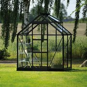 Wide-angled view of the Halls Icon 6 6x4 Greenhouse in black, installed on an grassed area