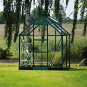Wide-angled view of the Halls Icon 6 6x4 Greenhouse in green, installed in a garden