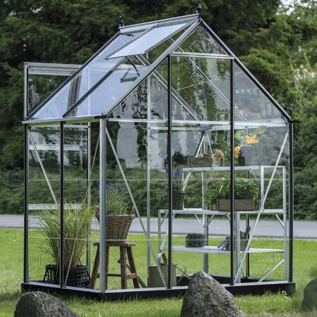 Halls Icon 6 6x4 Greenhouse in black, installed in a garden.