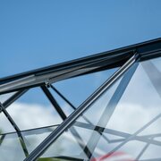 Close-up of Halls ICON greenhouse capping securing toughened glass panels to the metal frame